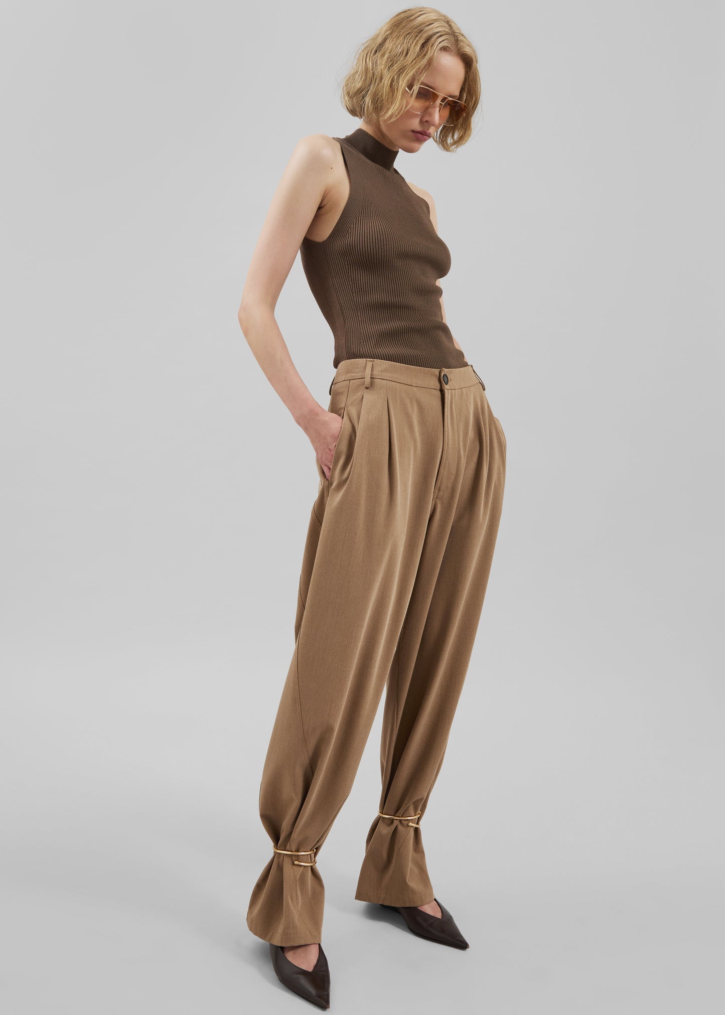 Darkpark Phebe Cuff Adorned Wide-Leg Wool Pants - Beige